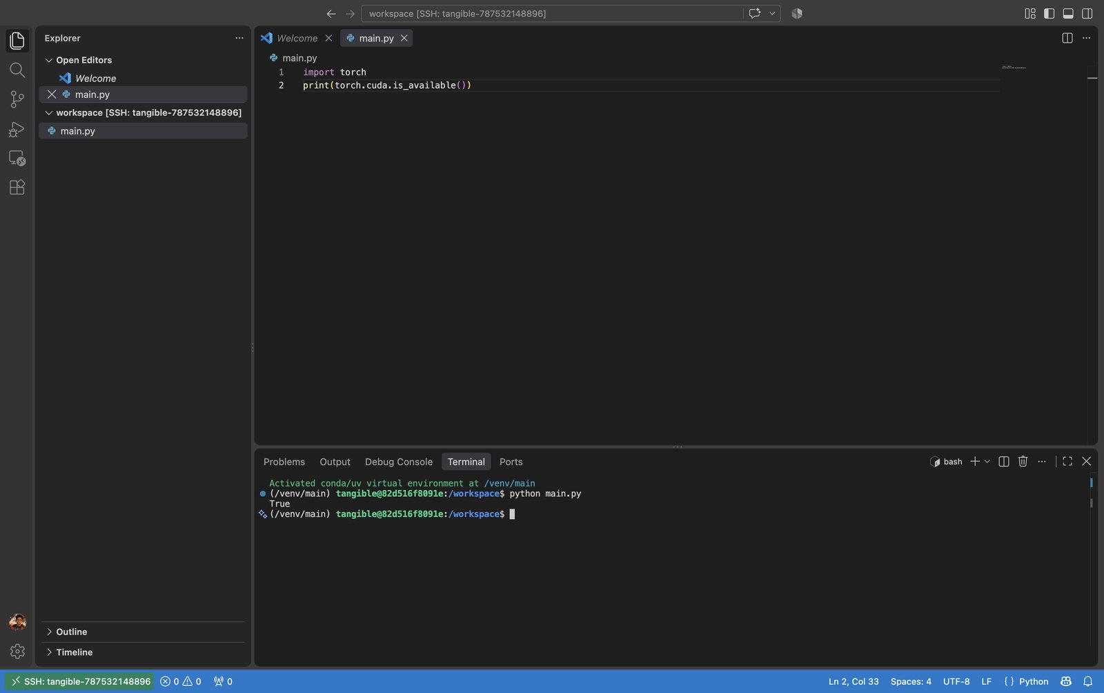 VS Code connected to a remote Tangible GPU, running torch.cuda.is_available()