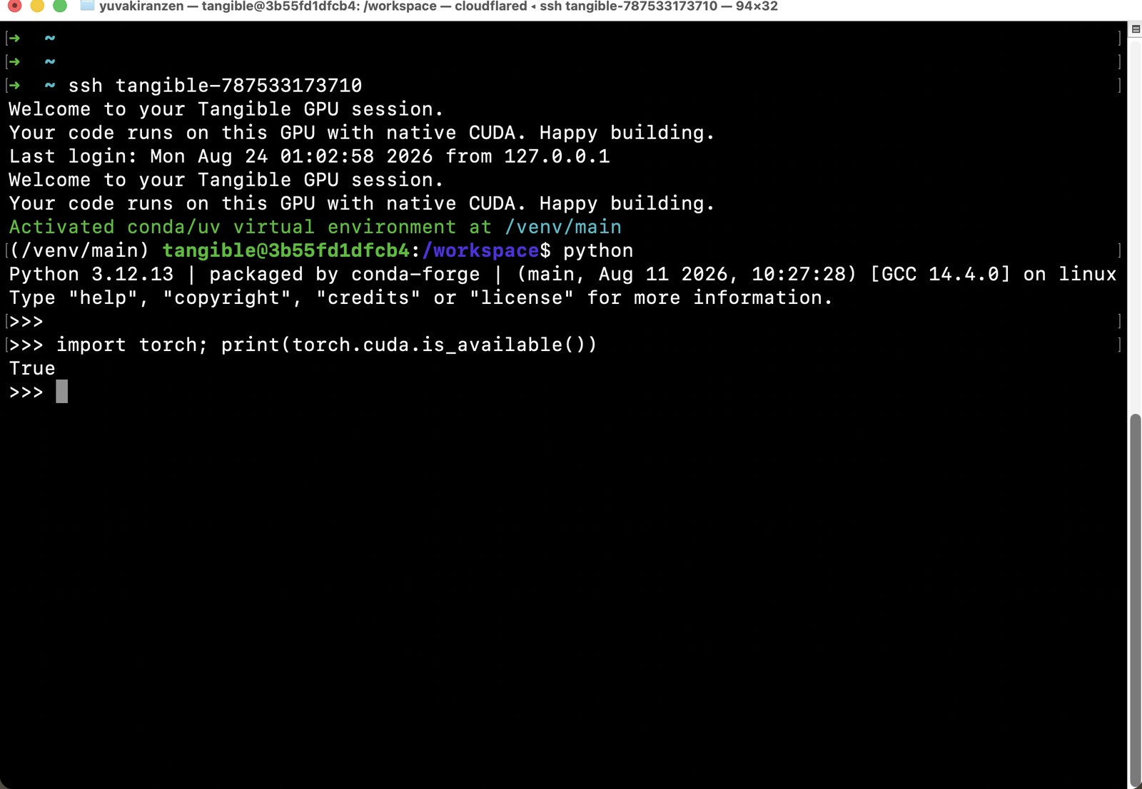 A dedicated Tangible GPU session terminal with native CUDA, torch.cuda.is_available() returning True